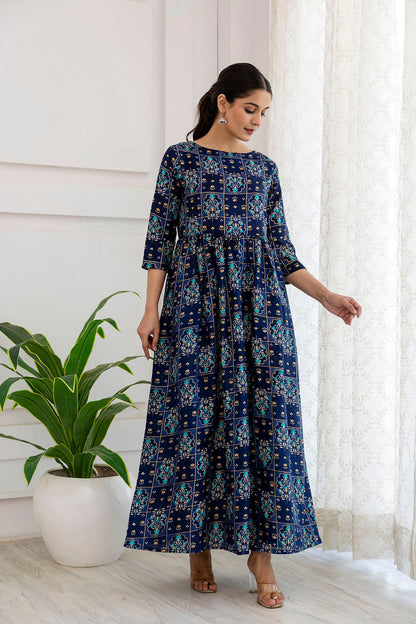 Women Navy Blue Ethnic Printed Flared Dress | LASVINI - Redefining Indian Fashion with Elegance