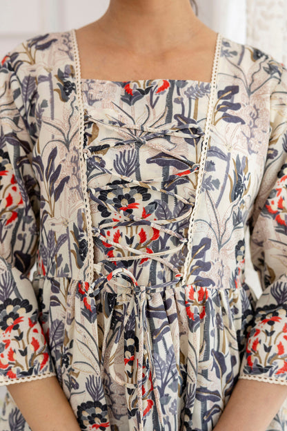 Women Off-White Printed V-Neck Peplum Tunic | LASVINI - Redefining Indian Fashion with Elegance