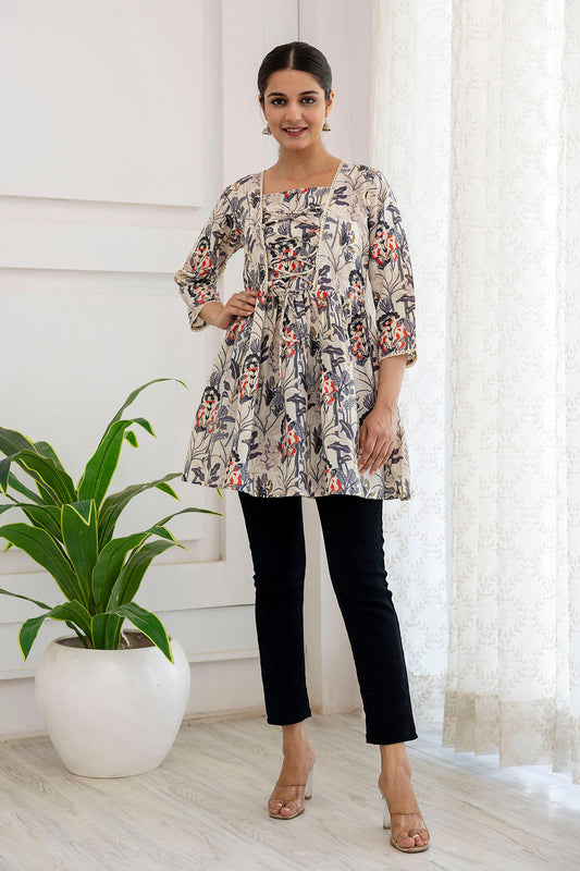 Women Off-White Printed V-Neck Peplum Tunic | LASVINI - Redefining Indian Fashion with Elegance
