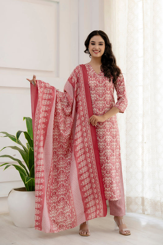Women Pink Printed Straight Kurta And Trouser With Dupatta | LASVINI - Redefining Indian Fashion with Elegance
