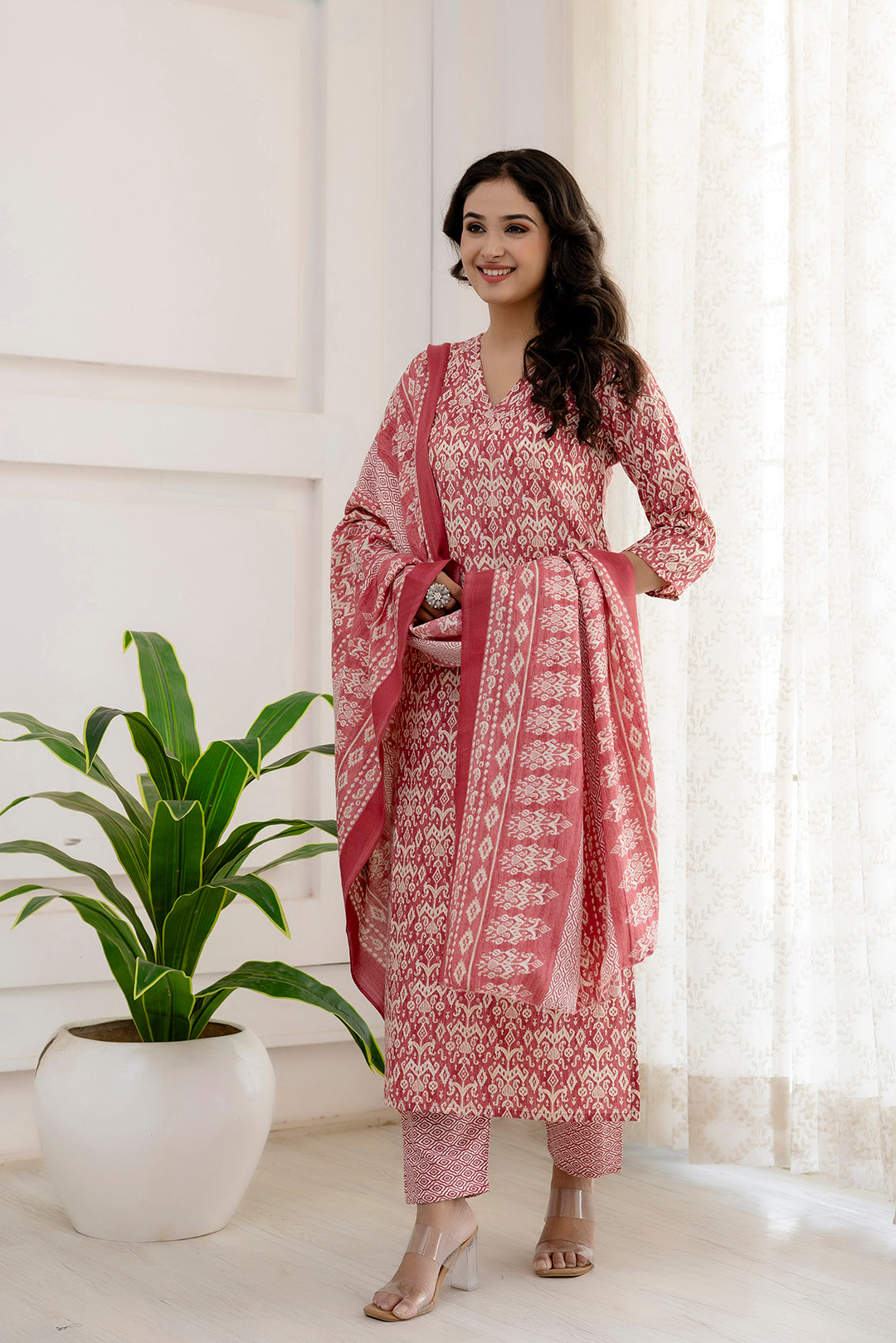 Women Pink Printed Straight Kurta And Trouser With Dupatta | LASVINI - Redefining Indian Fashion with Elegance