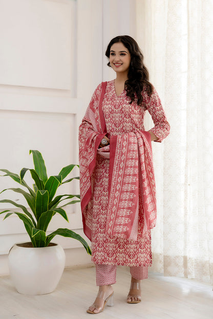 Women Pink Printed Straight Kurta And Trouser With Dupatta | LASVINI - Redefining Indian Fashion with Elegance