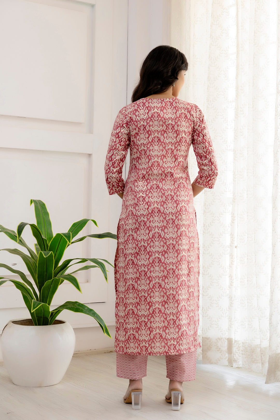 Women Pink Printed Straight Kurta And Trouser With Dupatta | LASVINI - Redefining Indian Fashion with Elegance