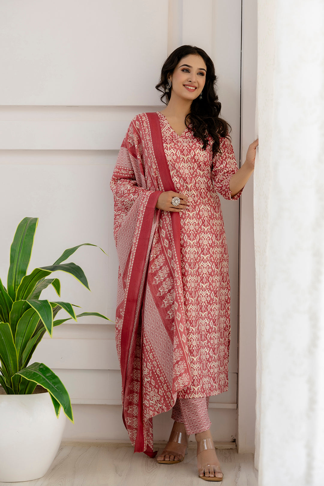 Women Pink Printed Straight Kurta And Trouser With Dupatta | LASVINI - Redefining Indian Fashion with Elegance