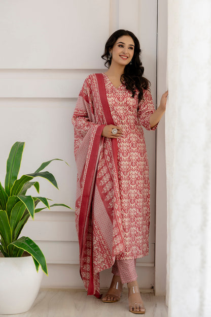 Women Pink Printed Straight Kurta And Trouser With Dupatta | LASVINI - Redefining Indian Fashion with Elegance
