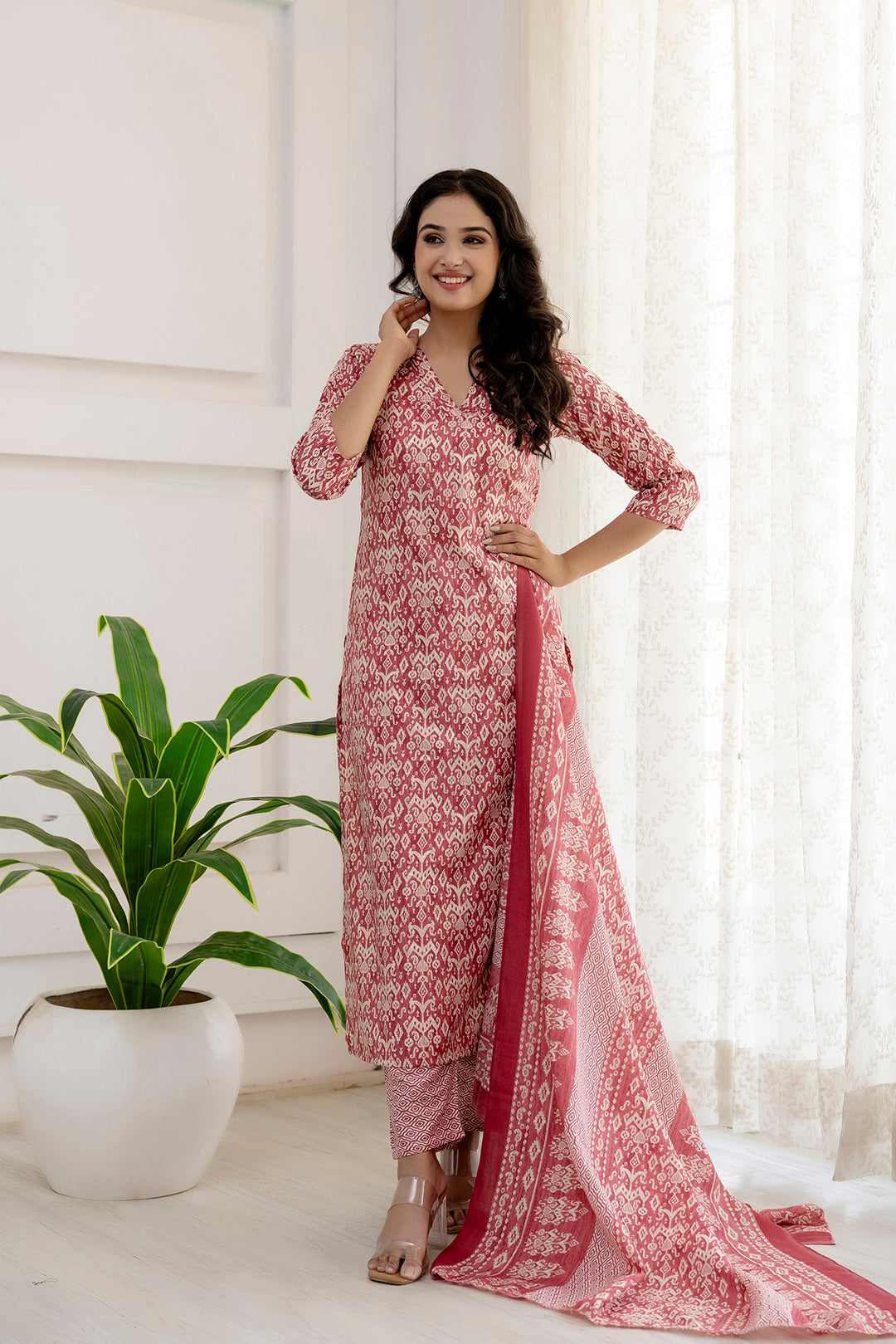 Women Pink Printed Straight Kurta And Trouser With Dupatta | LASVINI - Redefining Indian Fashion with Elegance