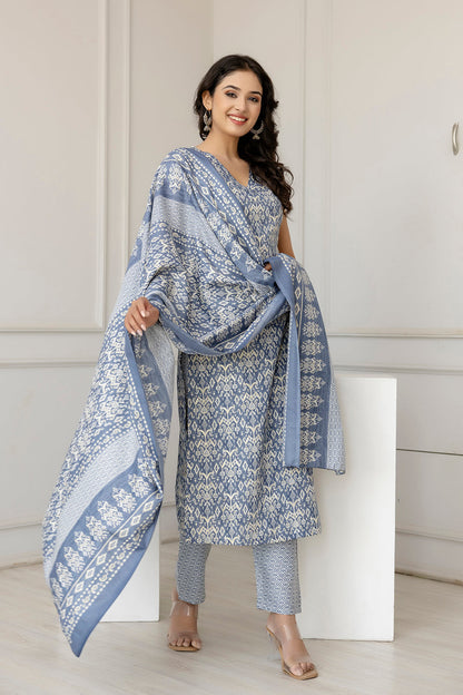 Women Grey Color Printed Straight Kurta With Trouser | LASVINI - Redefining Indian Fashion with Elegance