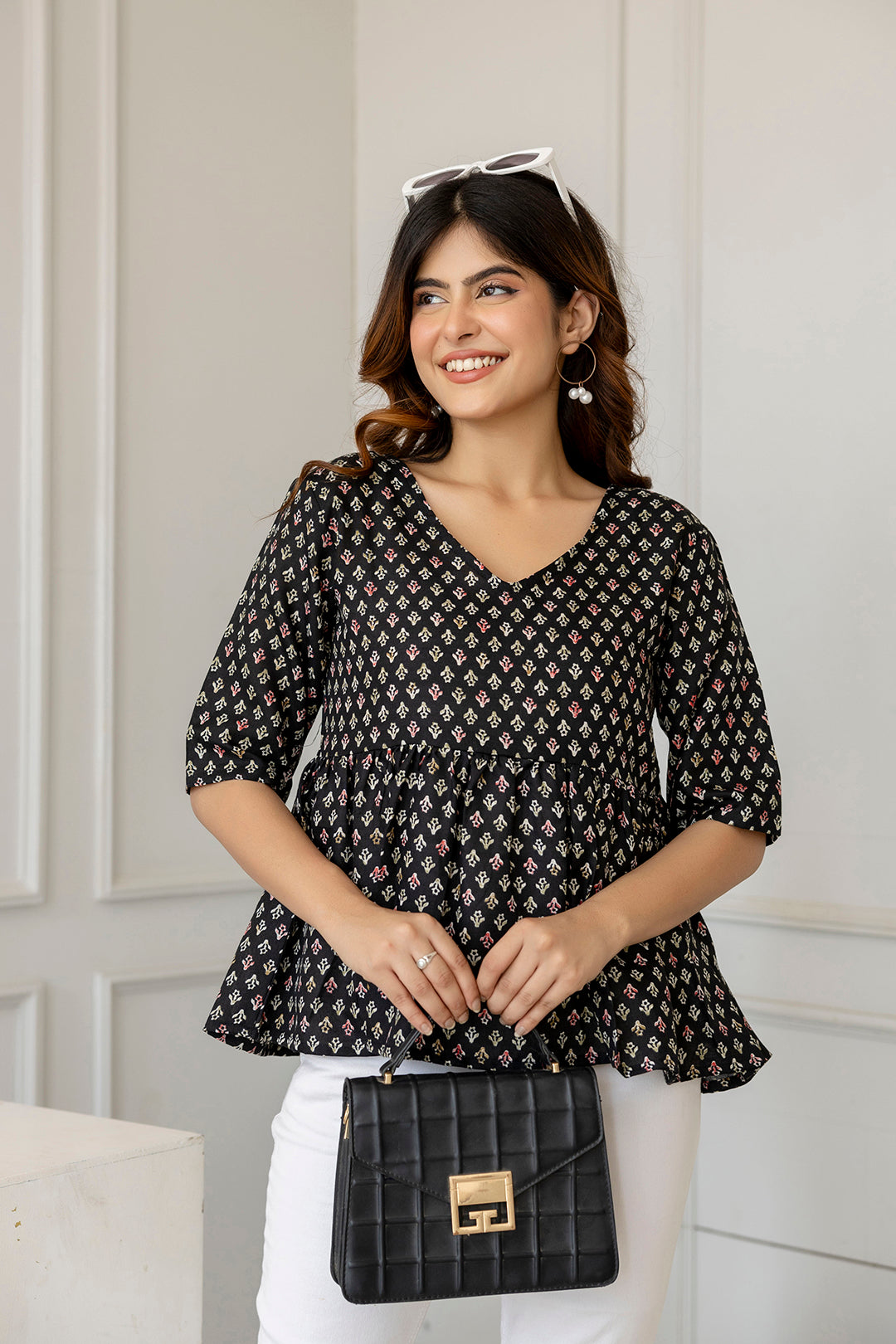 Women Black Printed V-Neck Peplum Tunic | LASVINI - Redefining Indian Fashion with Elegance
