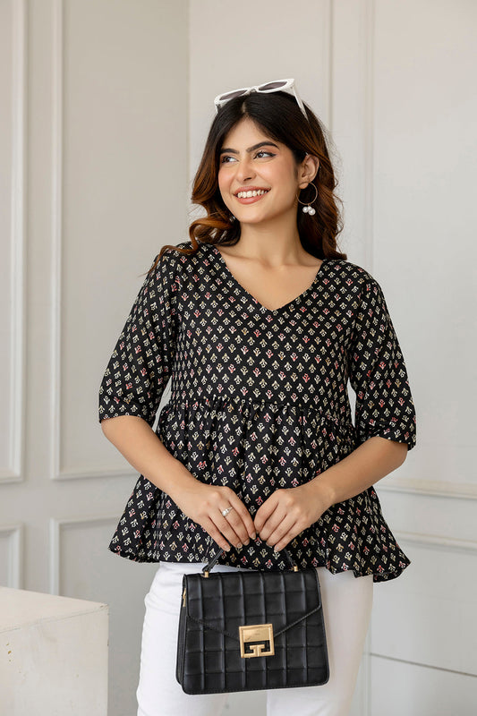 Women Black Printed V-Neck Peplum Tunic | LASVINI - Redefining Indian Fashion with Elegance