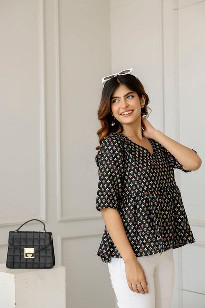 Women Black Printed V-Neck Peplum Tunic | LASVINI - Redefining Indian Fashion with Elegance