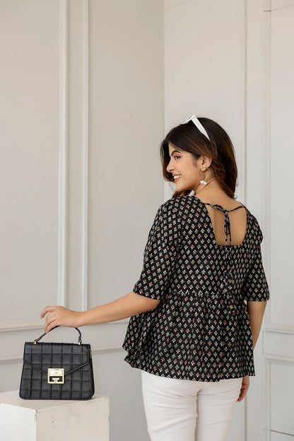 Women Black Printed V-Neck Peplum Tunic | LASVINI - Redefining Indian Fashion with Elegance