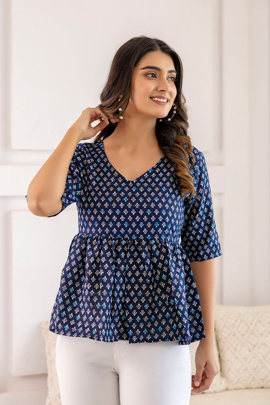 Women Navy Blue Printed V-Neck Peplum Tunic | LASVINI - Redefining Indian Fashion with Elegance
