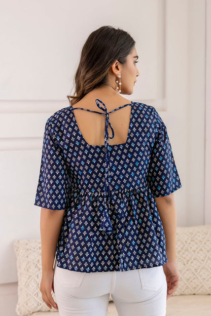 Women Navy Blue Printed V-Neck Peplum Tunic | LASVINI - Redefining Indian Fashion with Elegance