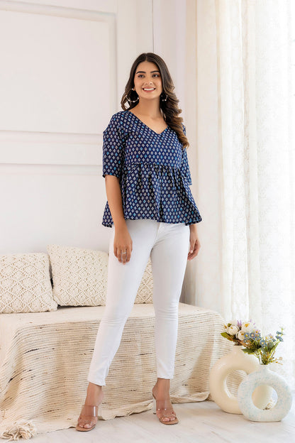 Women Navy Blue Printed V-Neck Peplum Tunic | LASVINI - Redefining Indian Fashion with Elegance