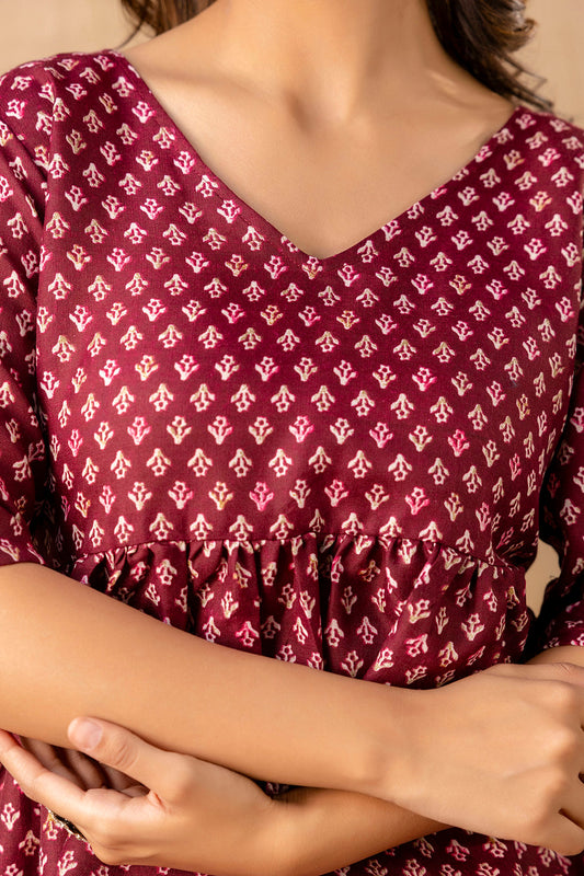 Women Burgundy Printed V-Neck Peplum Tunic | LASVINI - Redefining Indian Fashion with Elegance