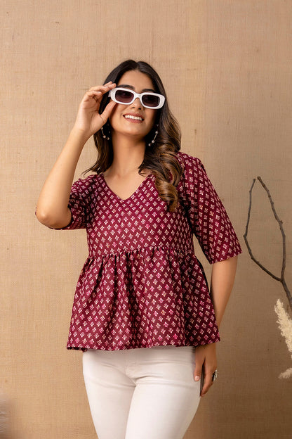 Women Burgundy Printed V-Neck Peplum Tunic | LASVINI - Redefining Indian Fashion with Elegance
