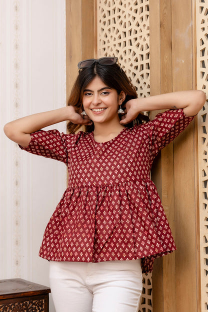 Women Maroon Printed V-Neck Peplum Tunic | LASVINI - Redefining Indian Fashion with Elegance