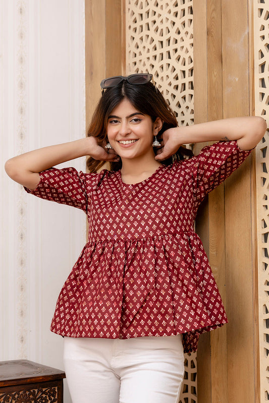 Women Maroon Printed V-Neck Peplum Tunic | LASVINI - Redefining Indian Fashion with Elegance