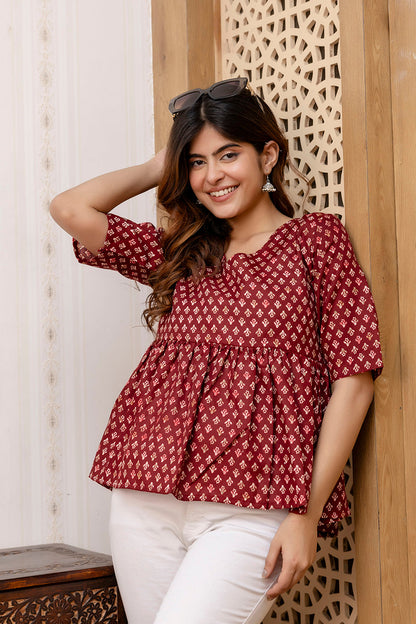 Women Maroon Printed V-Neck Peplum Tunic | LASVINI - Redefining Indian Fashion with Elegance