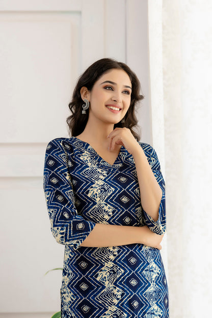 Women Blue Printed Straight Kurta And Trouser | LASVINI - Redefining Indian Fashion with Elegance