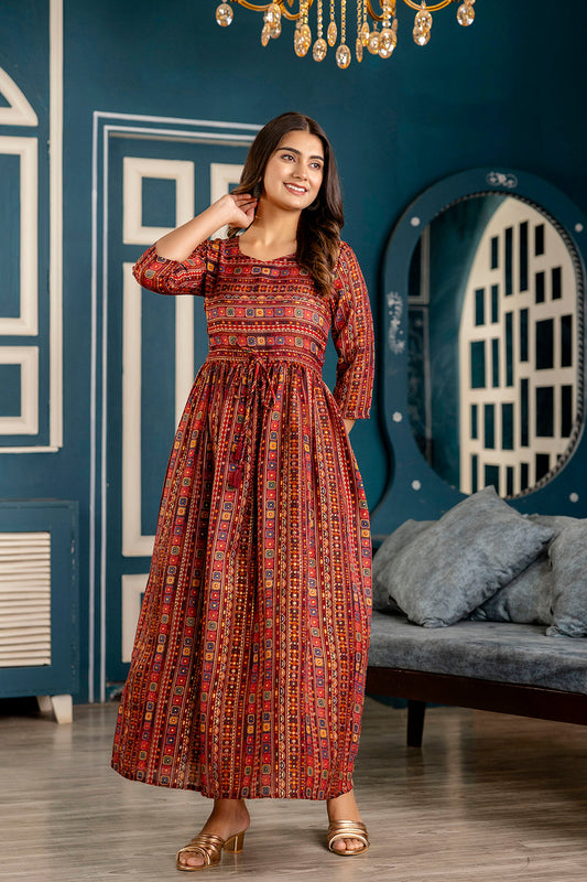 Women Maroon Ethnic Printed Flared Dress | LASVINI - Redefining Indian Fashion with Elegance
