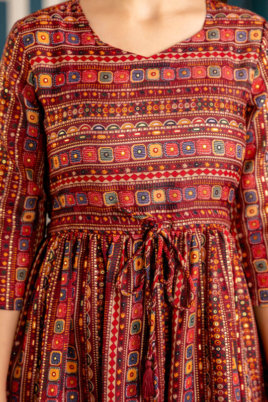 Women Maroon Ethnic Printed Flared Dress | LASVINI - Redefining Indian Fashion with Elegance
