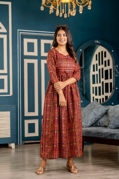 Women Maroon Ethnic Printed Flared Dress | LASVINI - Redefining Indian Fashion with Elegance
