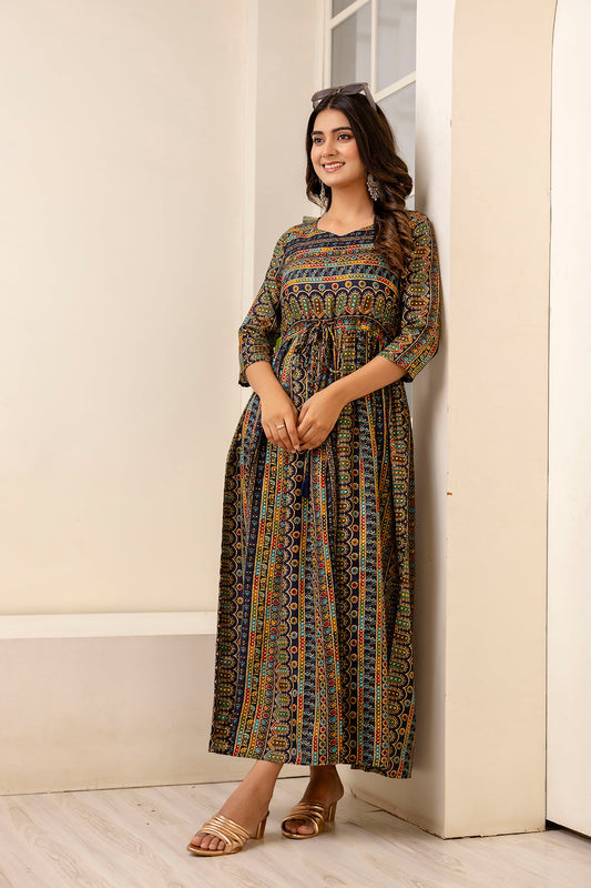 Women Black Ethnic Printed Flared Dress | LASVINI - Redefining Indian Fashion with Elegance