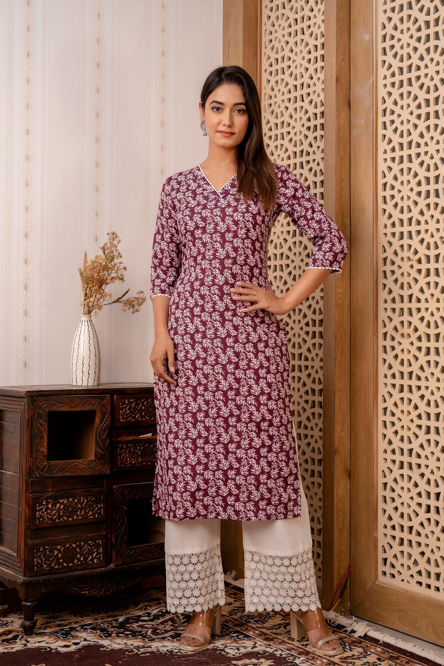Women Purple Printed Straight Kurta With Three Quarter Sleeves | LASVINI - Redefining Indian Fashion with Elegance