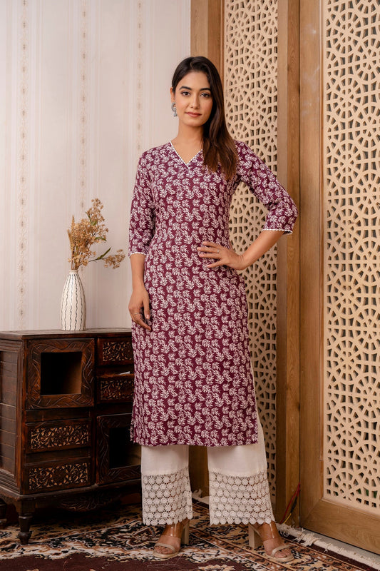 Women Purple Printed Straight Kurta With Three Quarter Sleeves | LASVINI - Redefining Indian Fashion with Elegance