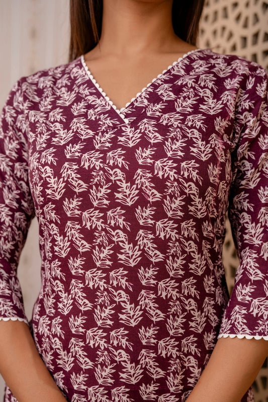 Women Purple Printed Straight Kurta With Three Quarter Sleeves | LASVINI - Redefining Indian Fashion with Elegance