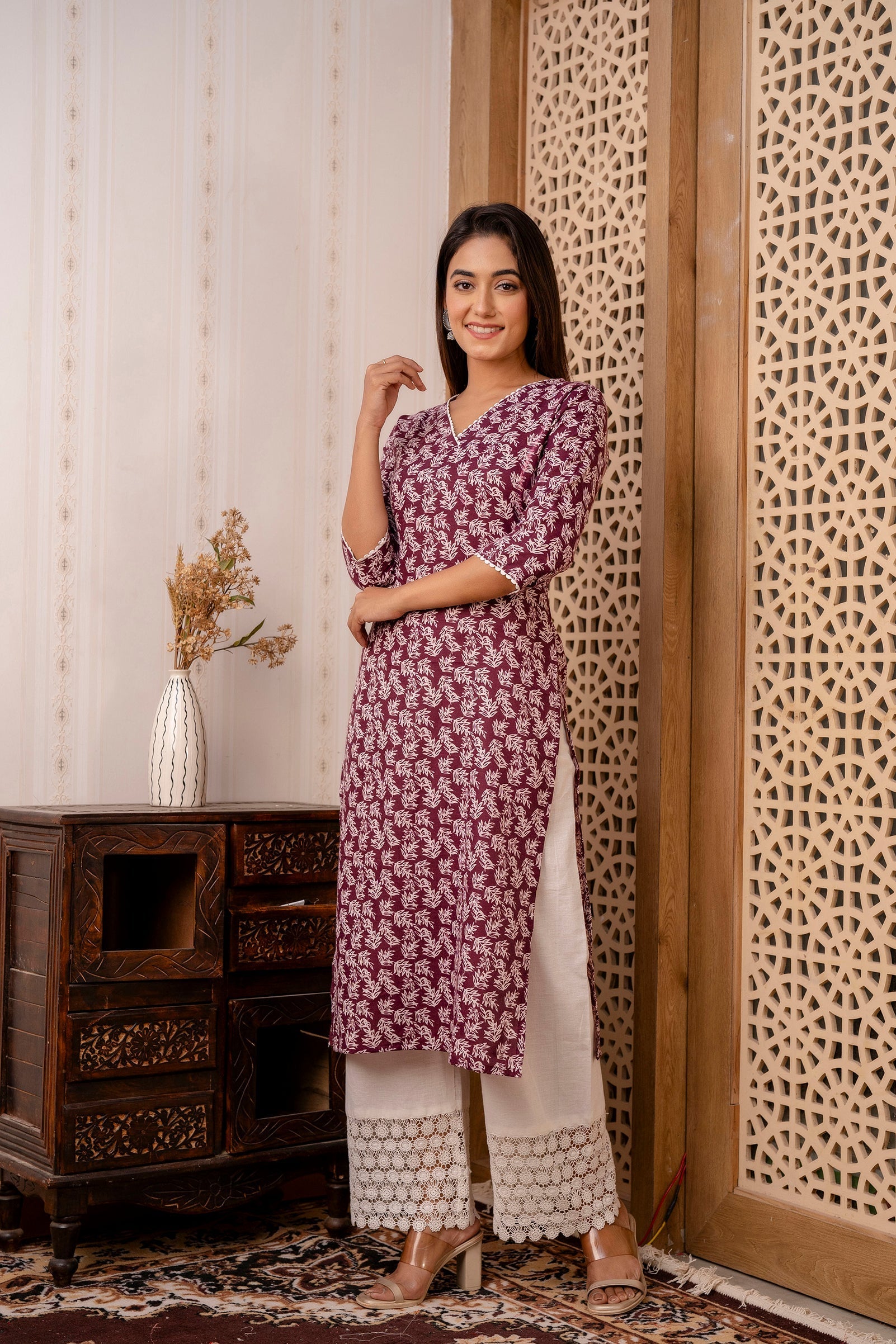 Women Purple Printed Straight Kurta With Three Quarter Sleeves | LASVINI - Redefining Indian Fashion with Elegance