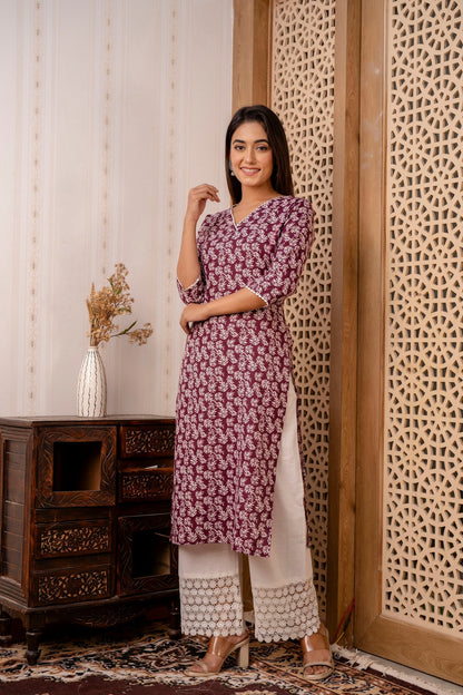 Women Purple Printed Straight Kurta With Three Quarter Sleeves | LASVINI - Redefining Indian Fashion with Elegance