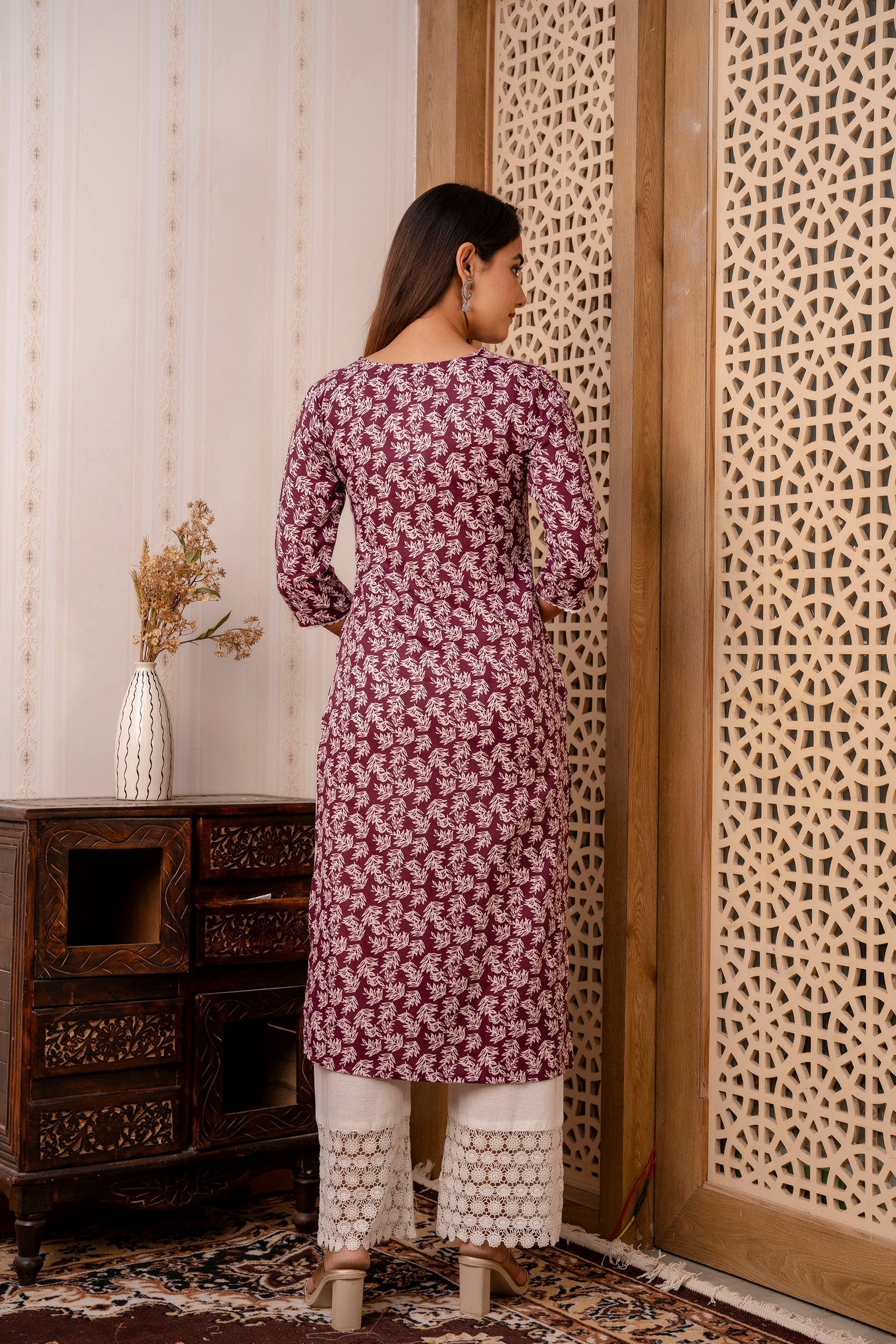 Women Purple Printed Straight Kurta With Three Quarter Sleeves | LASVINI - Redefining Indian Fashion with Elegance