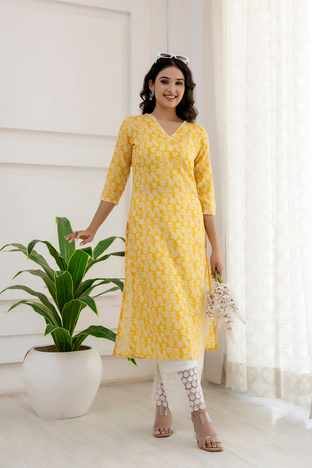 Women Yellow Printed Straight Kurta With Three Quarter Sleeves | LASVINI - Redefining Indian Fashion with Elegance