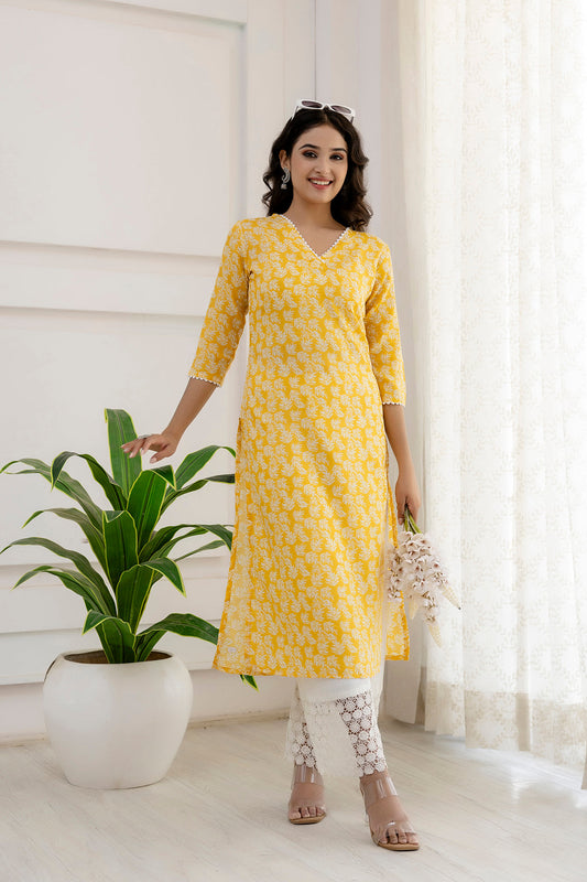 Women Yellow Printed Straight Kurta With Three Quarter Sleeves | LASVINI - Redefining Indian Fashion with Elegance