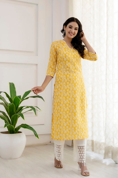Women Yellow Printed Straight Kurta With Three Quarter Sleeves | LASVINI - Redefining Indian Fashion with Elegance
