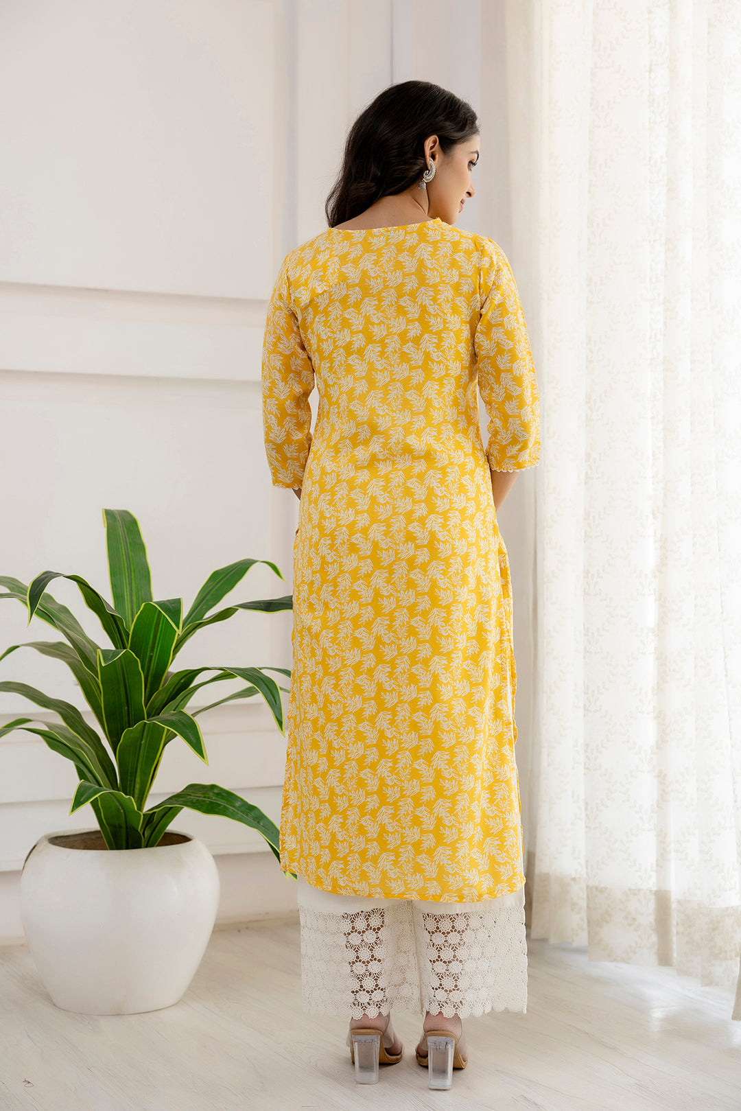 Women Yellow Printed Straight Kurta With Three Quarter Sleeves | LASVINI - Redefining Indian Fashion with Elegance