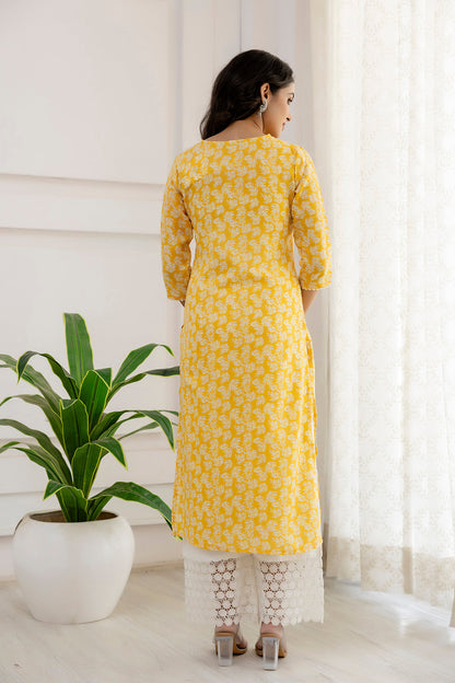 Women Yellow Printed Straight Kurta With Three Quarter Sleeves | LASVINI - Redefining Indian Fashion with Elegance