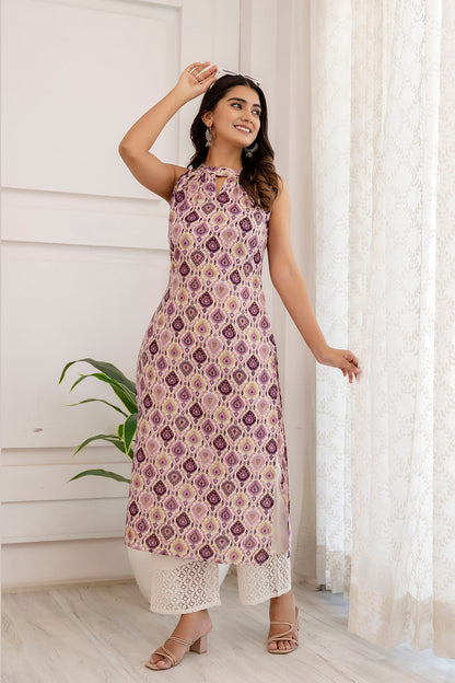 Women Multi Printed Straight Halter Neck Kurta | LASVINI - Redefining Indian Fashion with Elegance