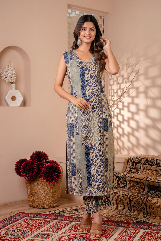 Women Blue Printed Kurta With Trouser | LASVINI - Redefining Indian Fashion with Elegance