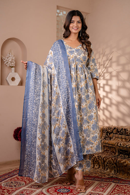 Women Off White Floral Printed Anarkali Kurta And Trouser With Dupatta | LASVINI - Redefining Indian Fashion with Elegance