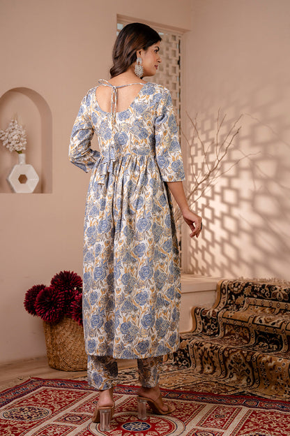 Women Off White Floral Printed Anarkali Kurta And Trouser With Dupatta | LASVINI - Redefining Indian Fashion with Elegance