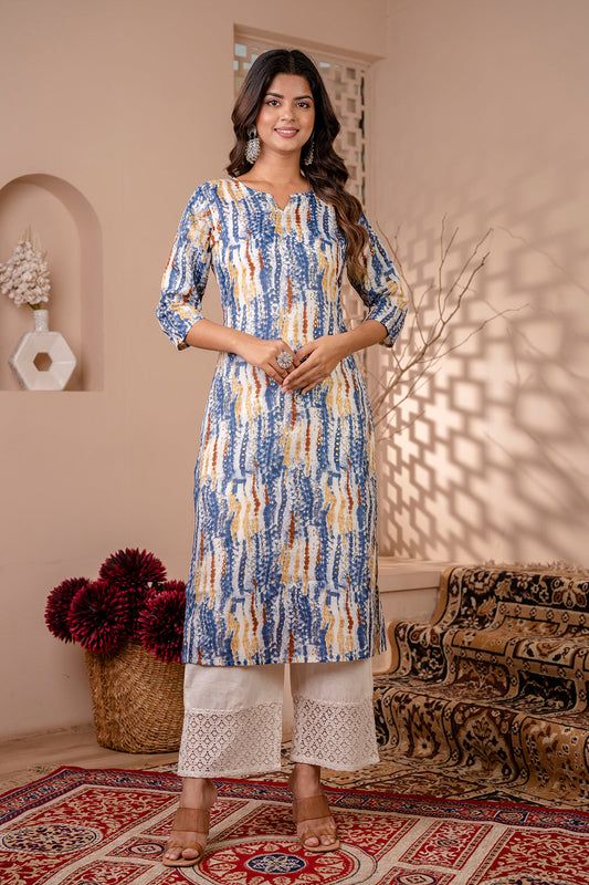 Women Blue Printed Straight Kurta With Three Quarter Sleeves | LASVINI - Redefining Indian Fashion with Elegance