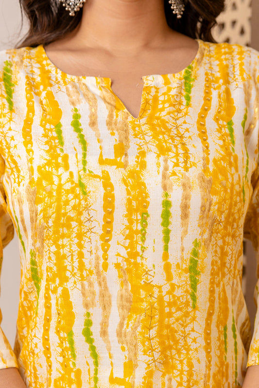 Women Yellow Printed Straight Kurta With Three Quarter Sleeves | LASVINI - Redefining Indian Fashion with Elegance