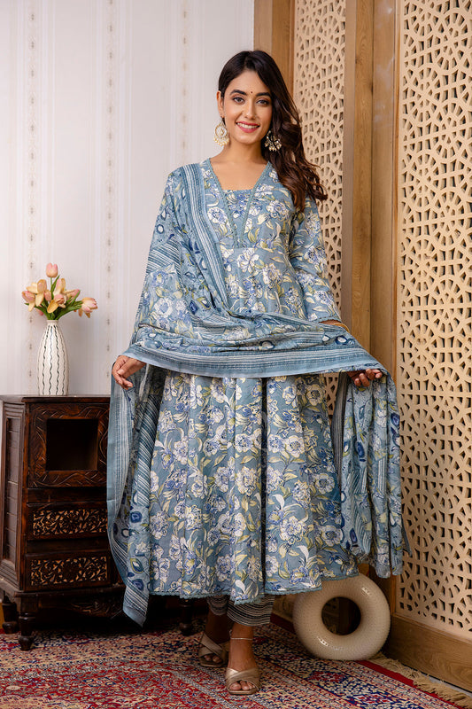 Women Grey Floral Printed Anarkali Kurta And Trouser With Dupatta | LASVINI - Redefining Indian Fashion with Elegance