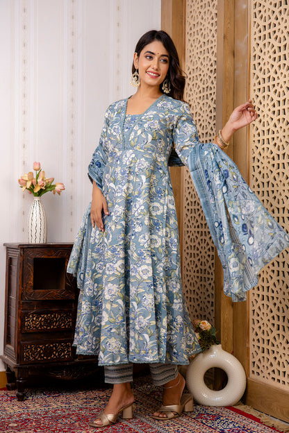 Women Grey Floral Printed Anarkali Kurta And Trouser With Dupatta | LASVINI - Redefining Indian Fashion with Elegance