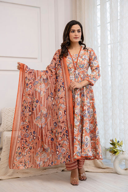Women Peach Floral Printed Anarkali Kurta And Trouser With Dupatta | LASVINI - Redefining Indian Fashion with Elegance