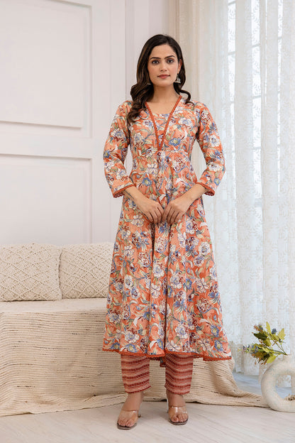 Women Peach Floral Printed Anarkali Kurta And Trouser With Dupatta | LASVINI - Redefining Indian Fashion with Elegance