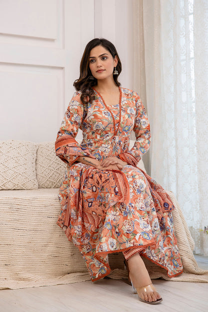 Women Peach Floral Printed Anarkali Kurta And Trouser With Dupatta | LASVINI - Redefining Indian Fashion with Elegance